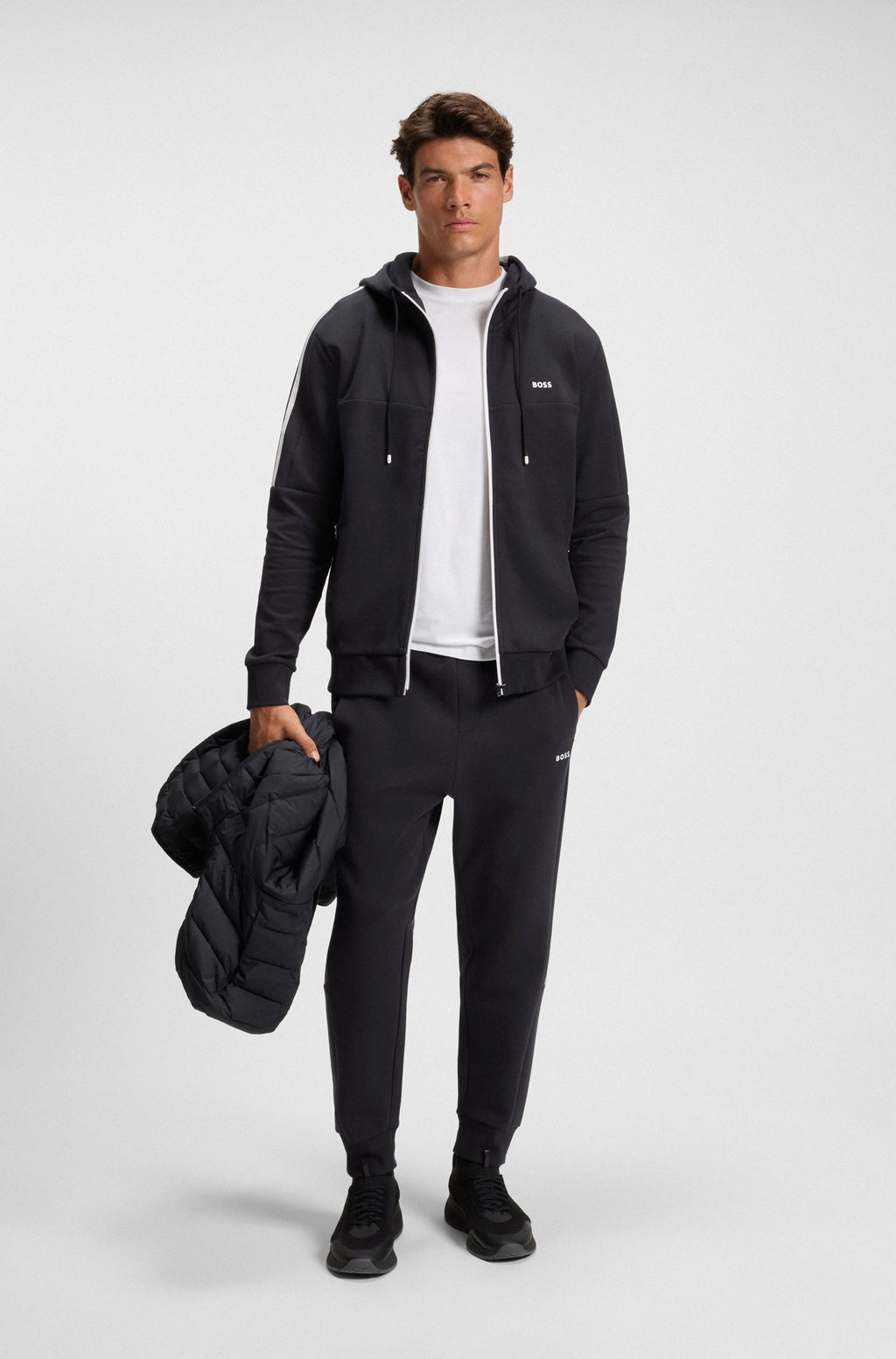 Hugo Boss Zip-Up Hoodie in Stretch Cotton with Stripe Appliqué 