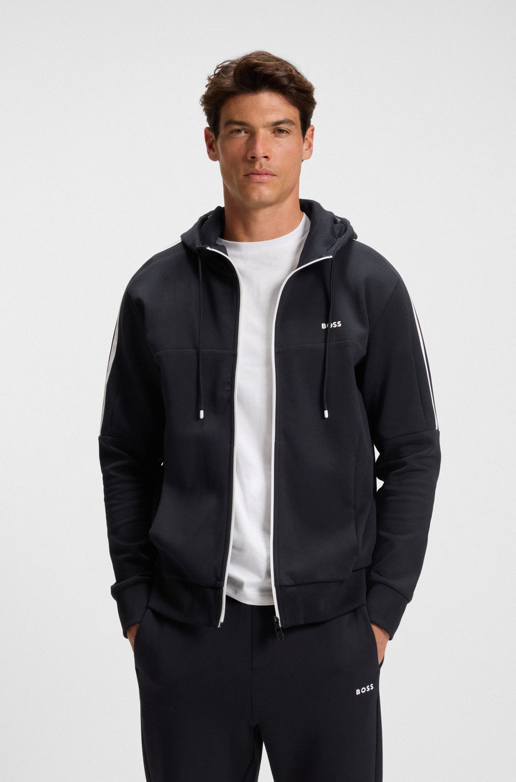 Hugo Boss Zip-Up Hoodie in Stretch Cotton with Stripe Appliqué 